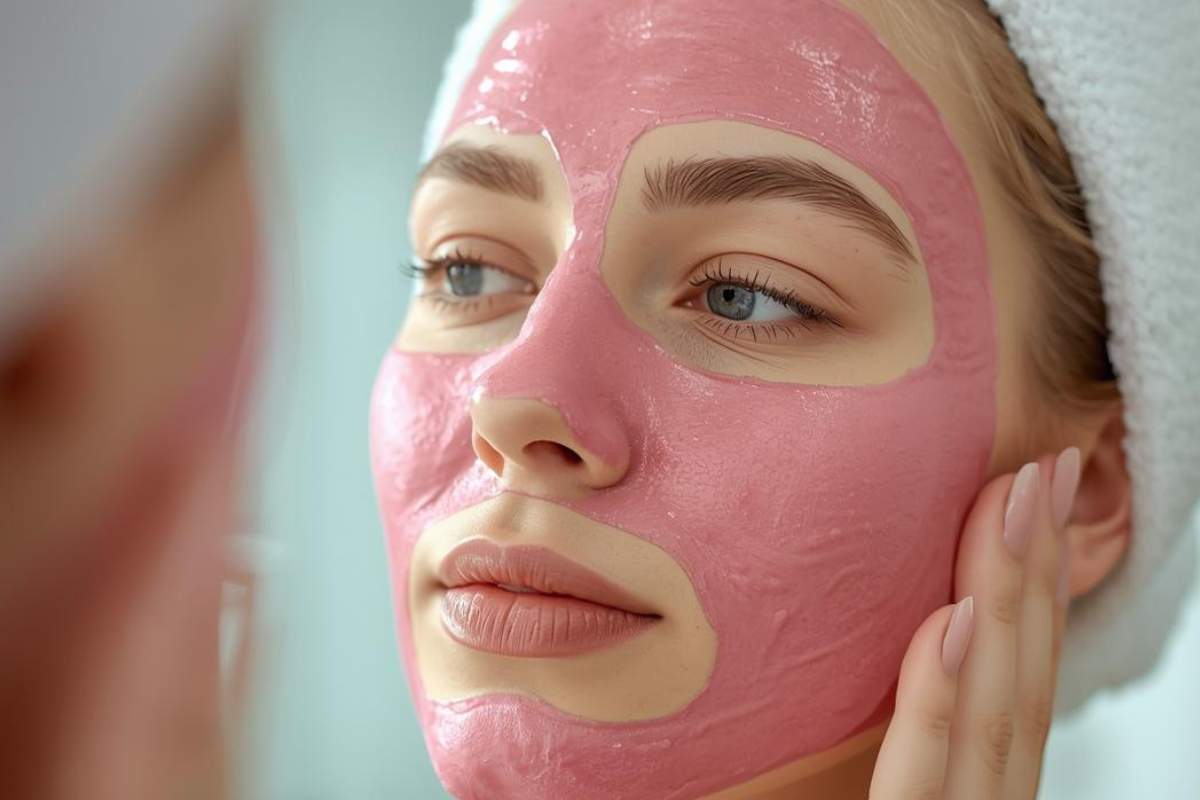 maschera rosa sul viso donna