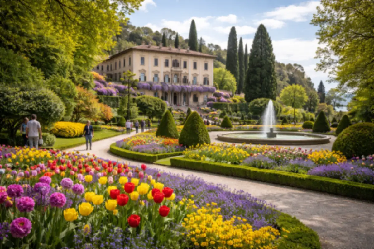 Giardino primaverile con villa storica