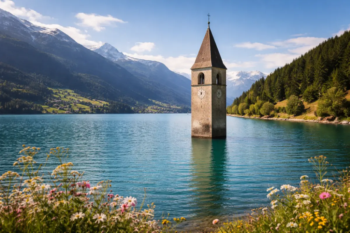 Il campanile che emerge dall’acqua in Alto Adige