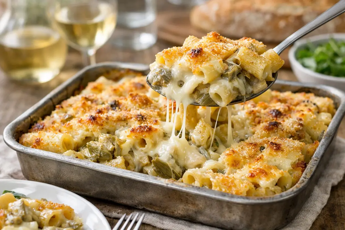 Pasta al forno bianca con carciofi e scamorza