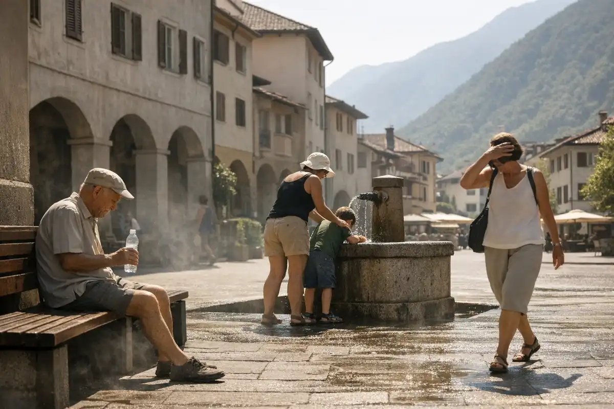 Piazza assolata con fontana: adulto e bambino si rinfrescano, anziano con bottiglia d’acqua su una panchina