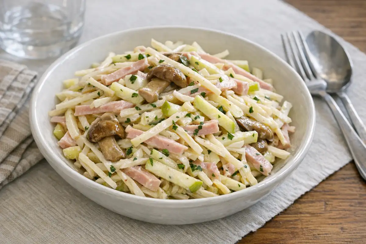 Insalatina in ciotola con listarelle di verdure, prosciutto cotto e funghi, condita con salsa cremosa