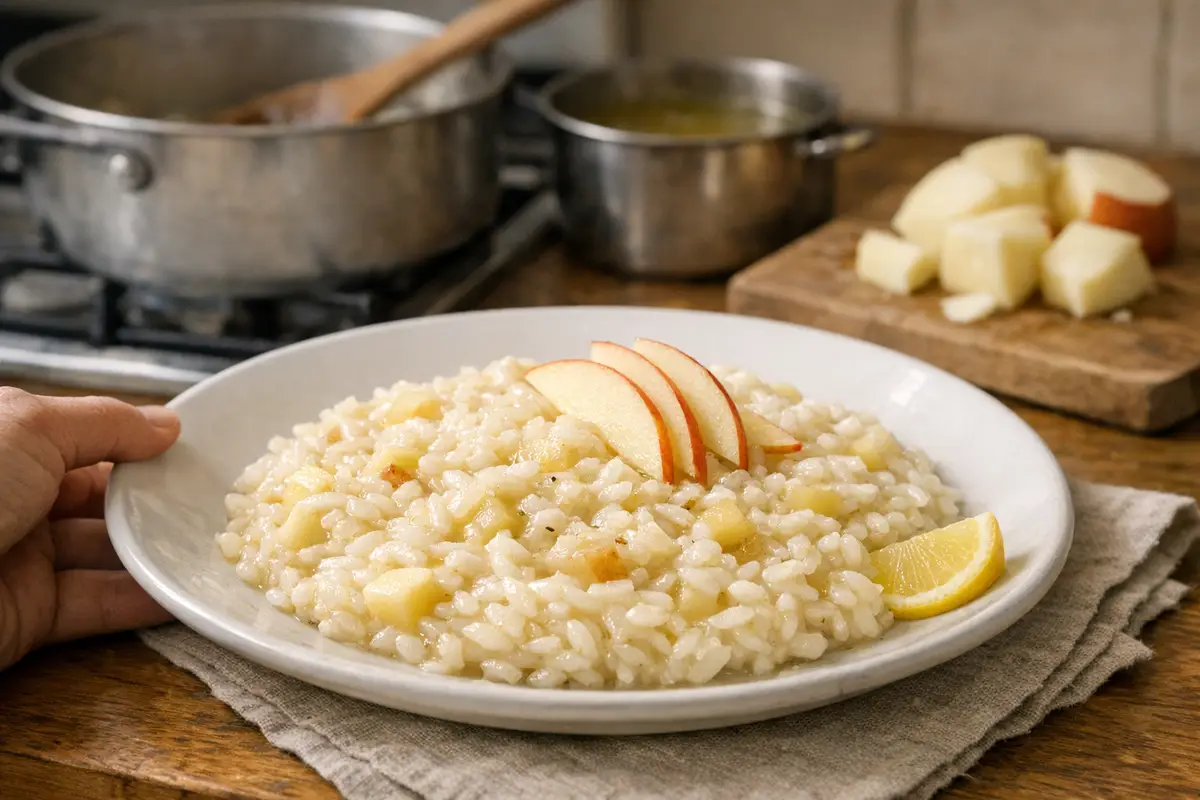 Piatto di risotto alle mele con cubetti di mela, fettine di mela cruda e spicchio di limone in cucina