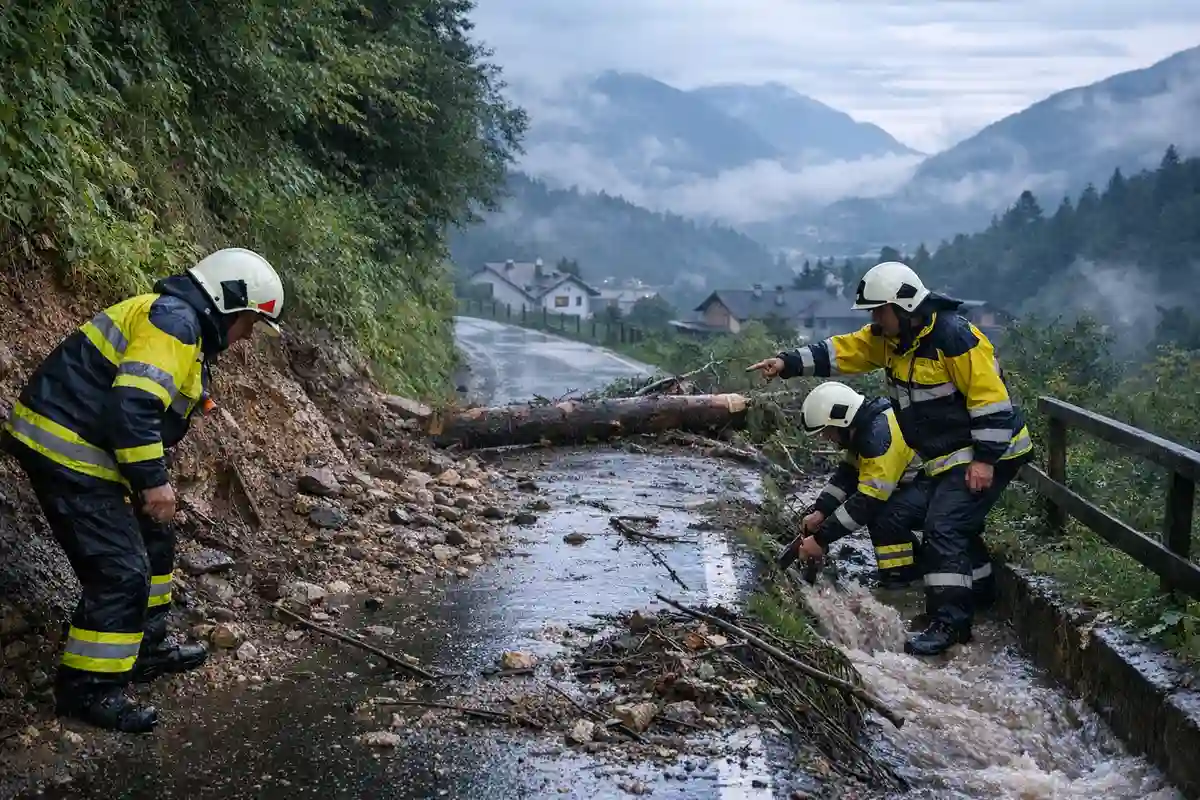 Vigili del fuoco in impermeabili gialli liberano una strada di montagna allagata da fango e un albero caduto