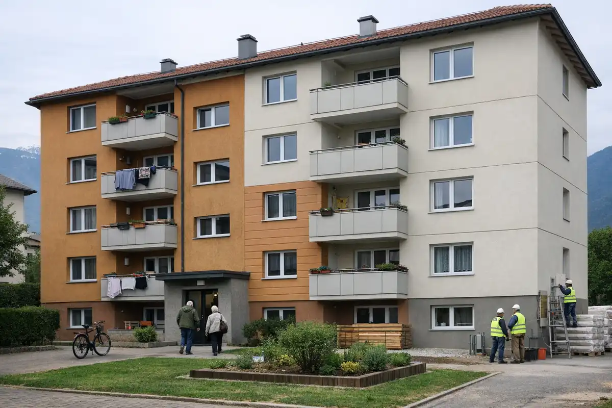 Palazzina di edilizia sociale ristrutturata con balconi, cortile verde e operai al lavoro vicino all’ingresso
