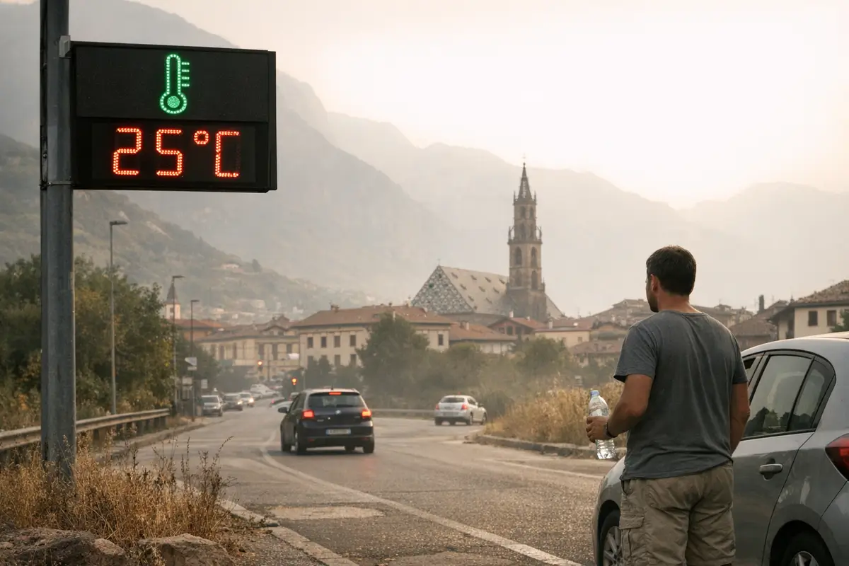 Display stradale segna 25°C, auto in transito e uomo con bottiglia d’acqua vicino a un’auto, montagne sullo sfondo