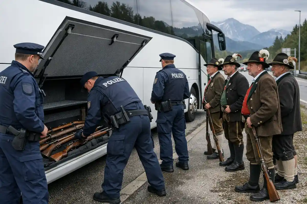 Polizia tedesca controlla il vano bagagli di un pullman con fucili storici, mentre Schützen in abiti tradizionali attendono