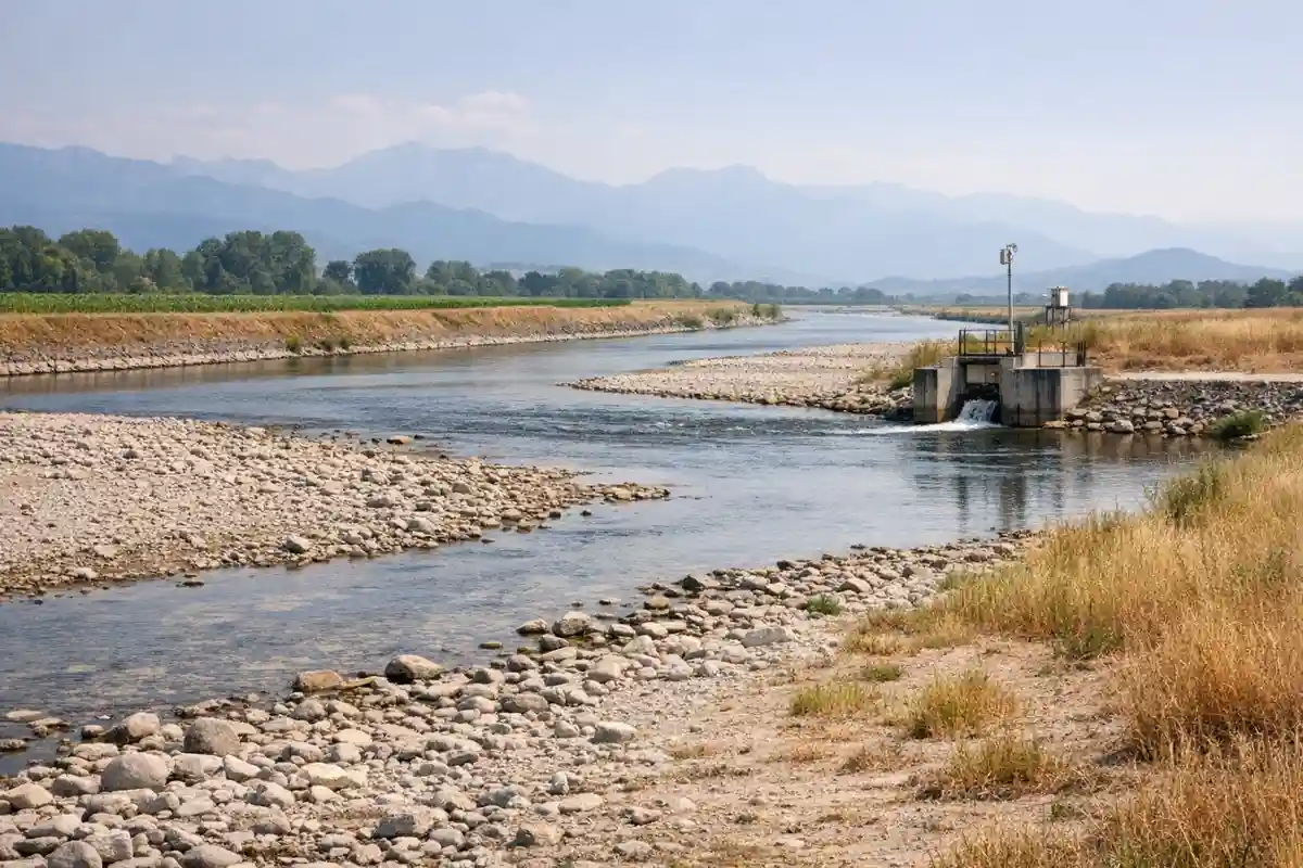 Fiume con livello basso, greto di sassi e piccola opera di regolazione idrica, con campi e montagne sullo sfondo