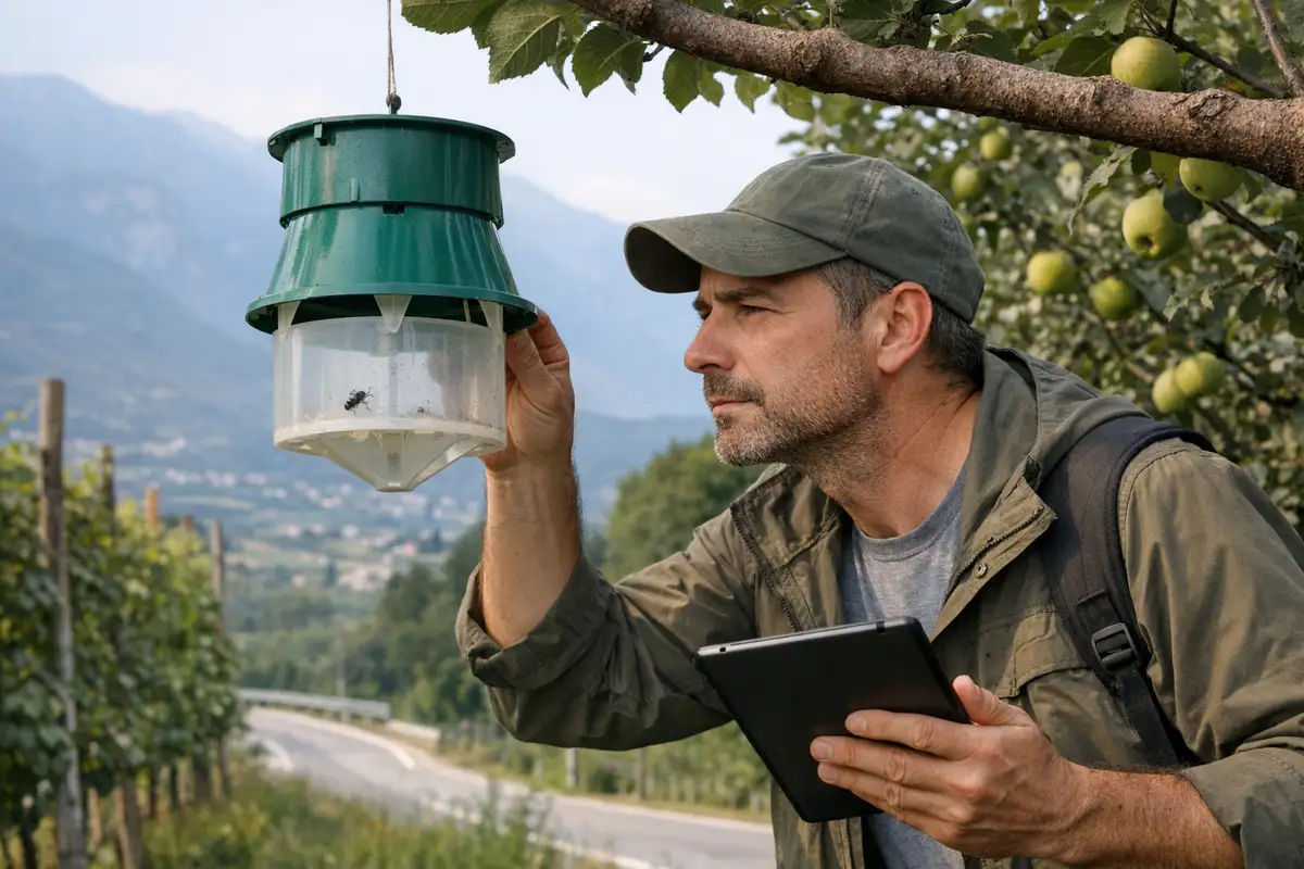 Ispettore controlla una trappola a feromoni in un frutteto con vigneti e montagne sullo sfondo
