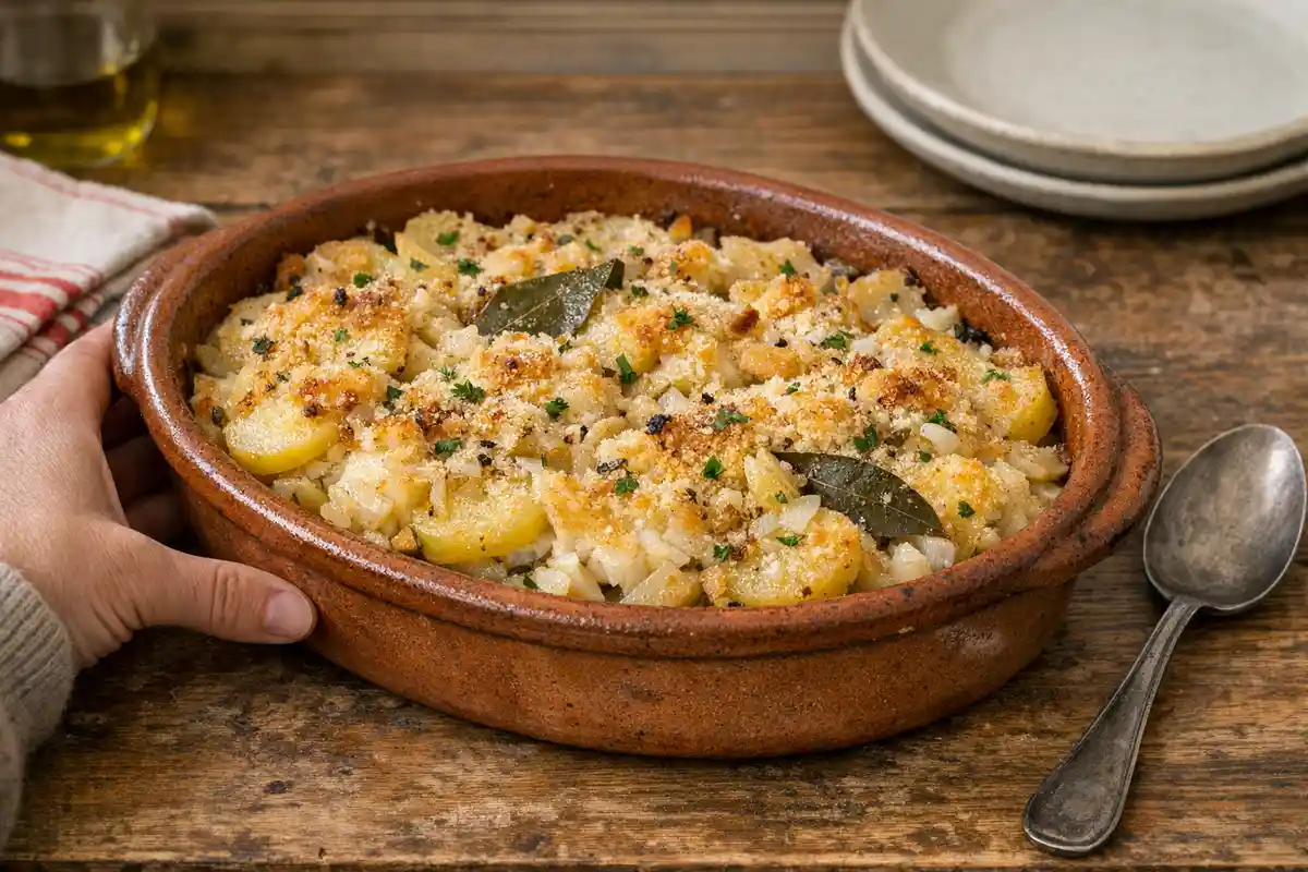 Tegame di terracotta con baccalà e patate al forno, crosticina dorata, foglie di alloro e prezzemolo su tavolo rustico