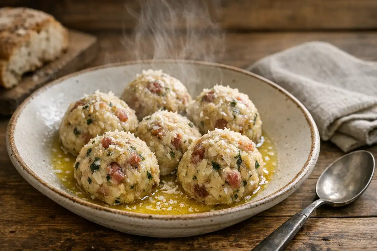 Canederli con speck e formaggio, serviti in un piatto rustico con burro fuso e vapore su tavolo di legno