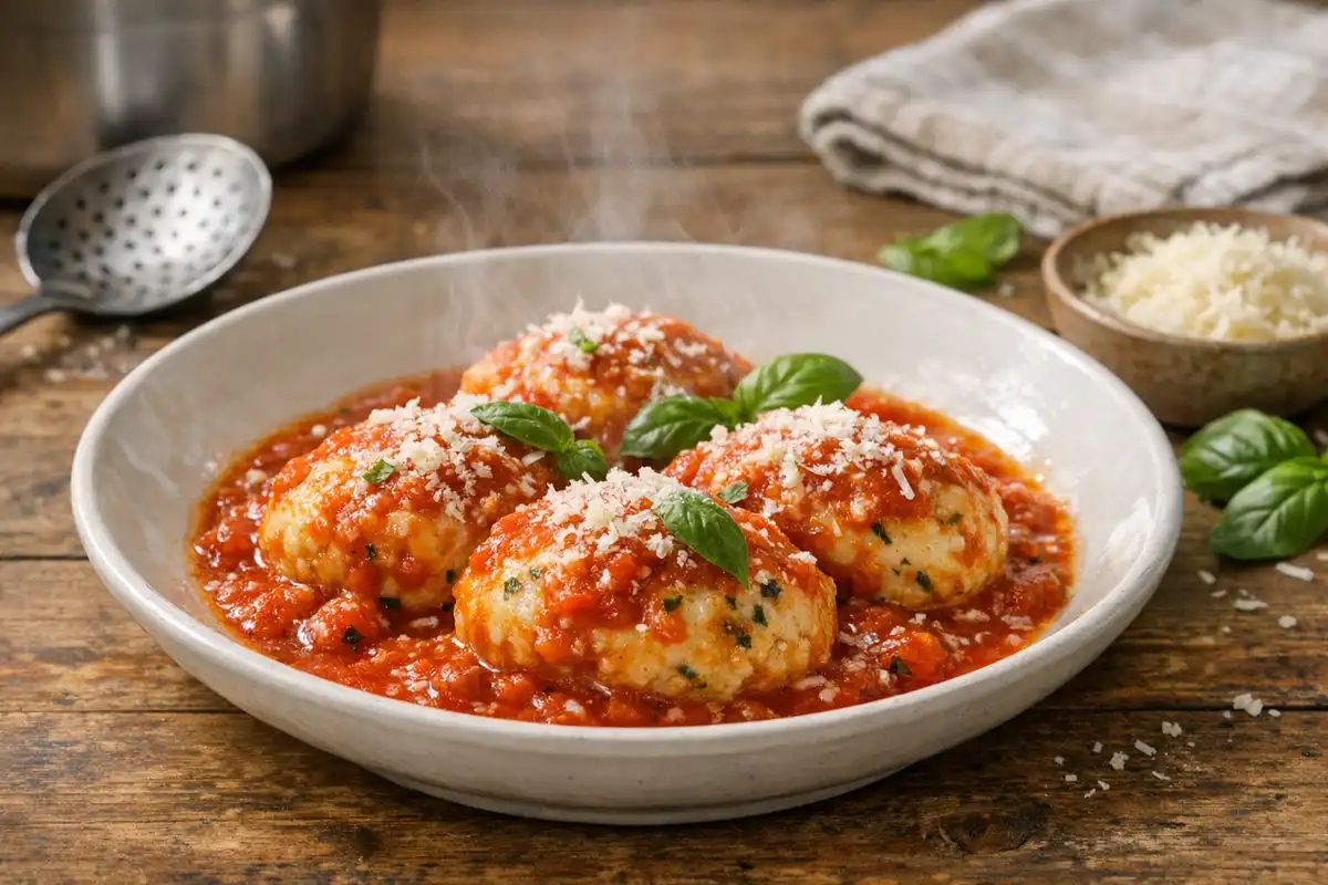 Canederli ovali al sugo di pomodoro con basilico e formaggio grattugiato in un piatto, su tavolo di legno