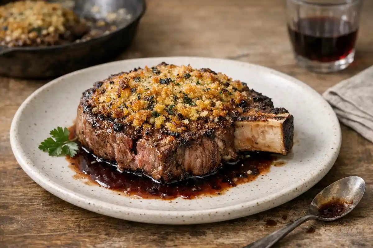 Costata di manzo con osso gratinata, crosta dorata e salsa al vino rosso su piatto in ceramica