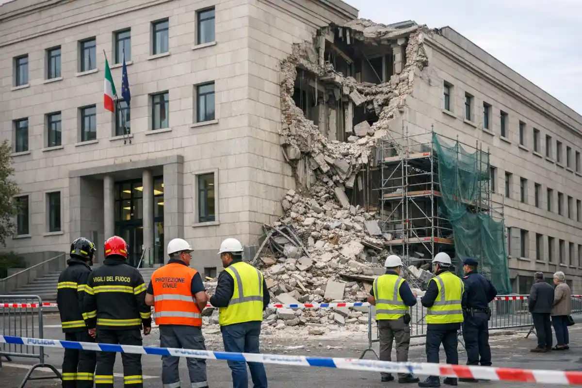 Palazzo del tribunale con ampia porzione crollata e cumulo di macerie, con vigili del fuoco e tecnici dietro transenne