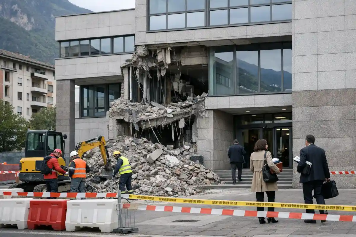 Sezione crollata di un edificio pubblico con macerie, operai con caschi e nastro di sicurezza davanti all’ingresso