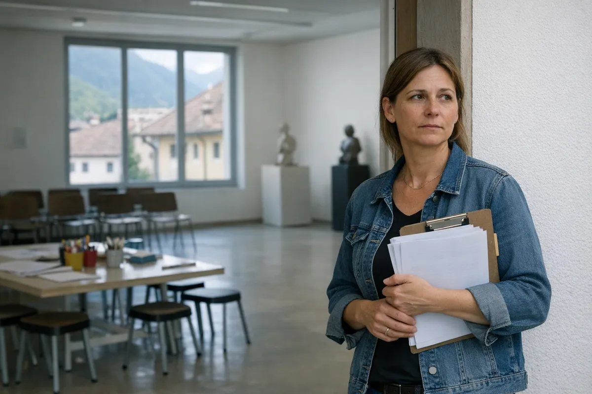Educatrice museale con cartellina e fogli in una sala didattica vuota, con tavoli e sedie e montagne alla finestra