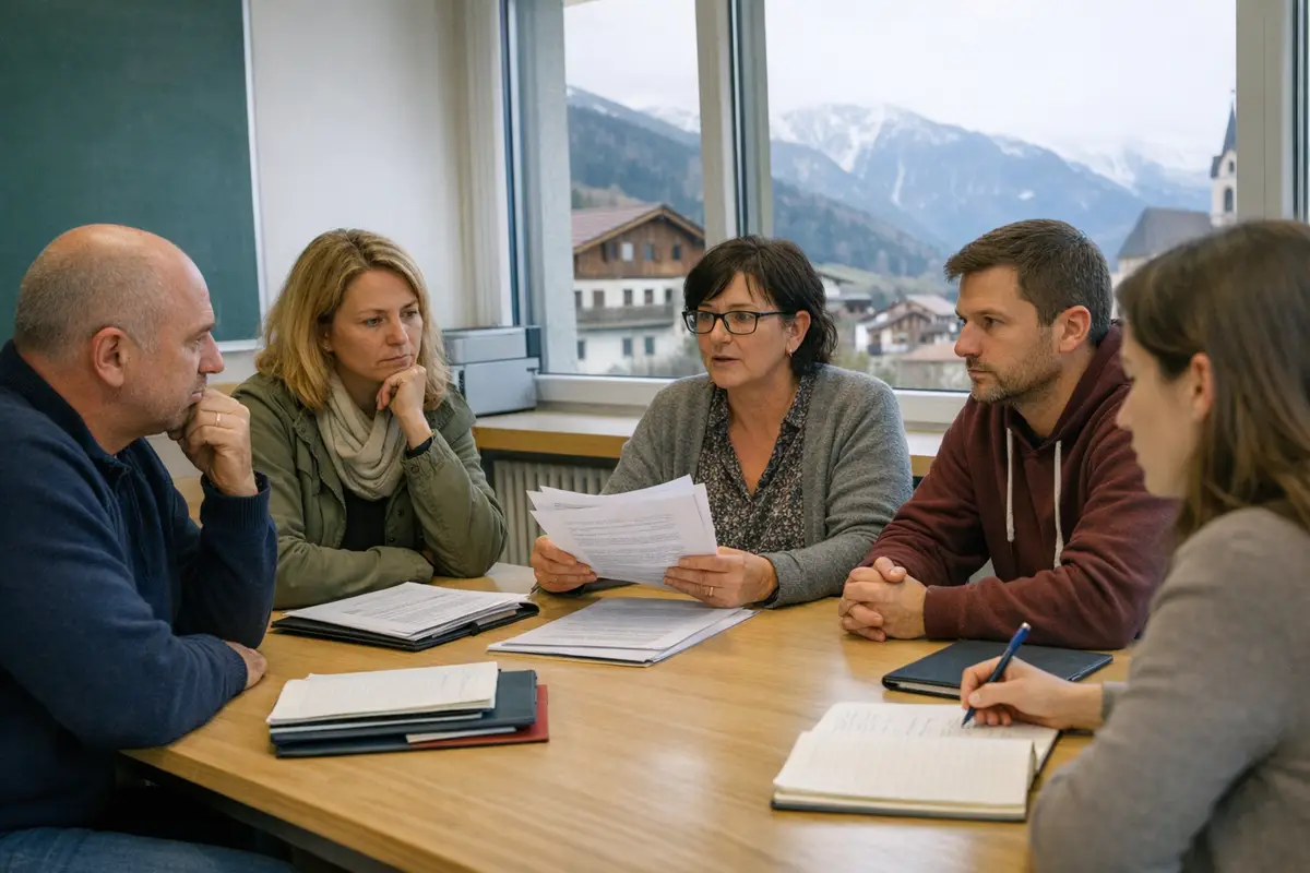 Insegnanti riuniti attorno a un tavolo con documenti in un’aula, con montagne visibili dalla finestra