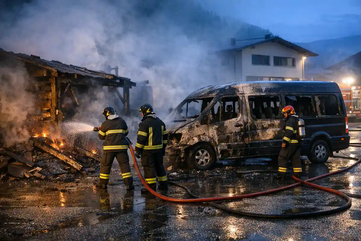 Vigili del fuoco spengono i resti di una legnaia in fiamme accanto a un furgone annerito dal rogo, tra fumo e acqua