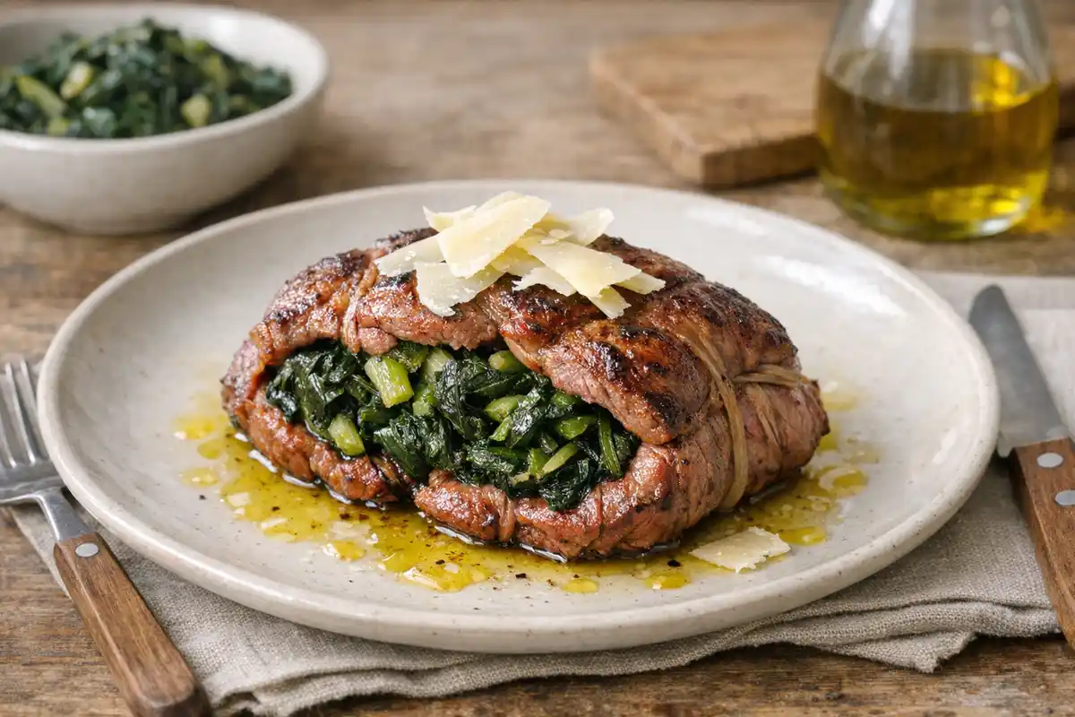 Filetto di manzo ripieno di cicoria con scaglie di formaggio e olio d’oliva su piatto di ceramica