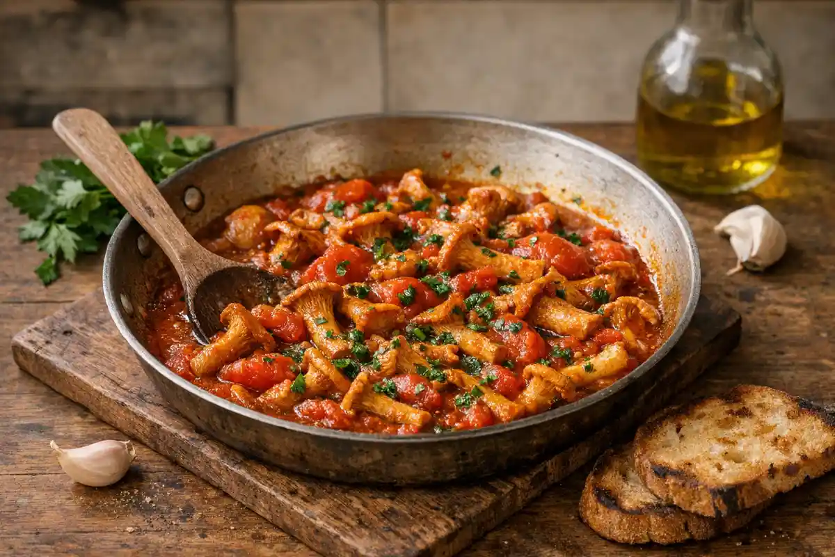 Padella rustica con finferli al sugo di pomodoro, prezzemolo tritato e cucchiaio di legno su tavolo in legno