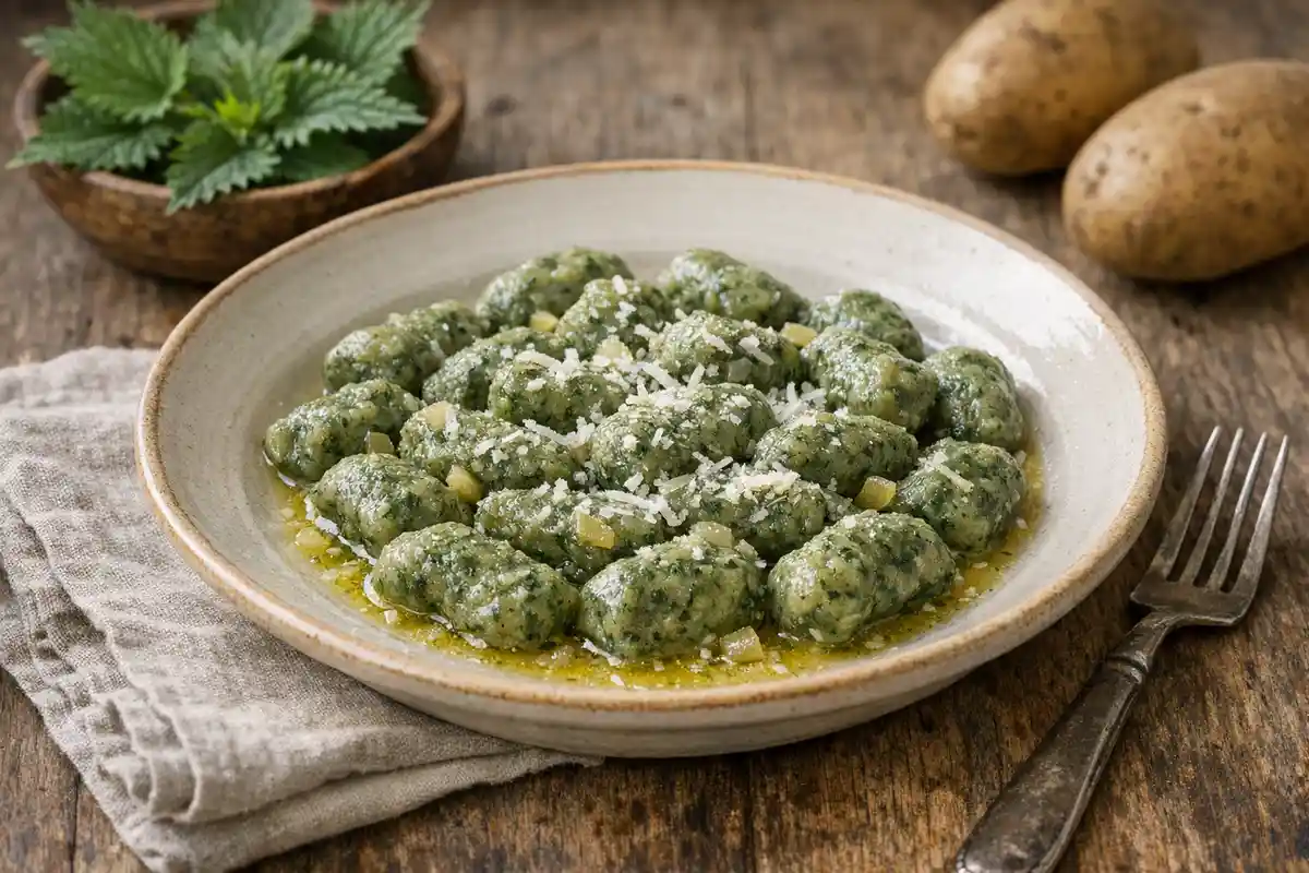 Piatto di gnocchi di ortiche verdi con burro fuso, formaggio grattugiato e cubetti di cipolla su tavolo rustico