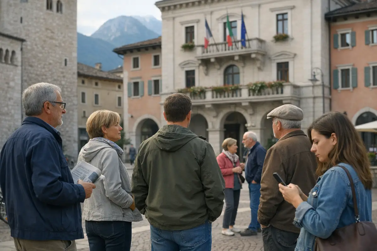 Cittadini in una piazza davanti al municipio con bandiere e palazzi alpini sullo sfondo