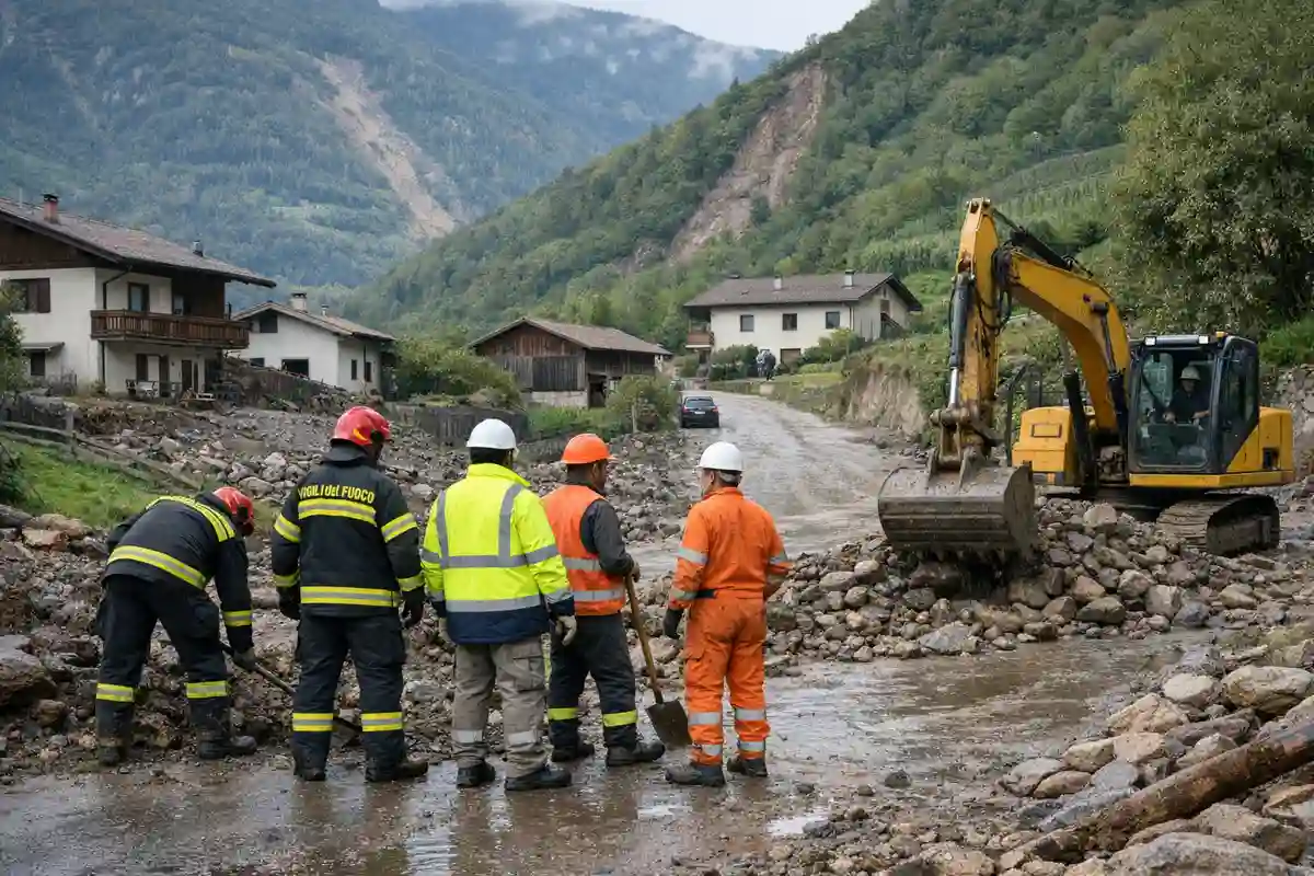 Vigili del fuoco e tecnici al lavoro su una strada fangosa, con escavatore tra detriti e case in valle alpina