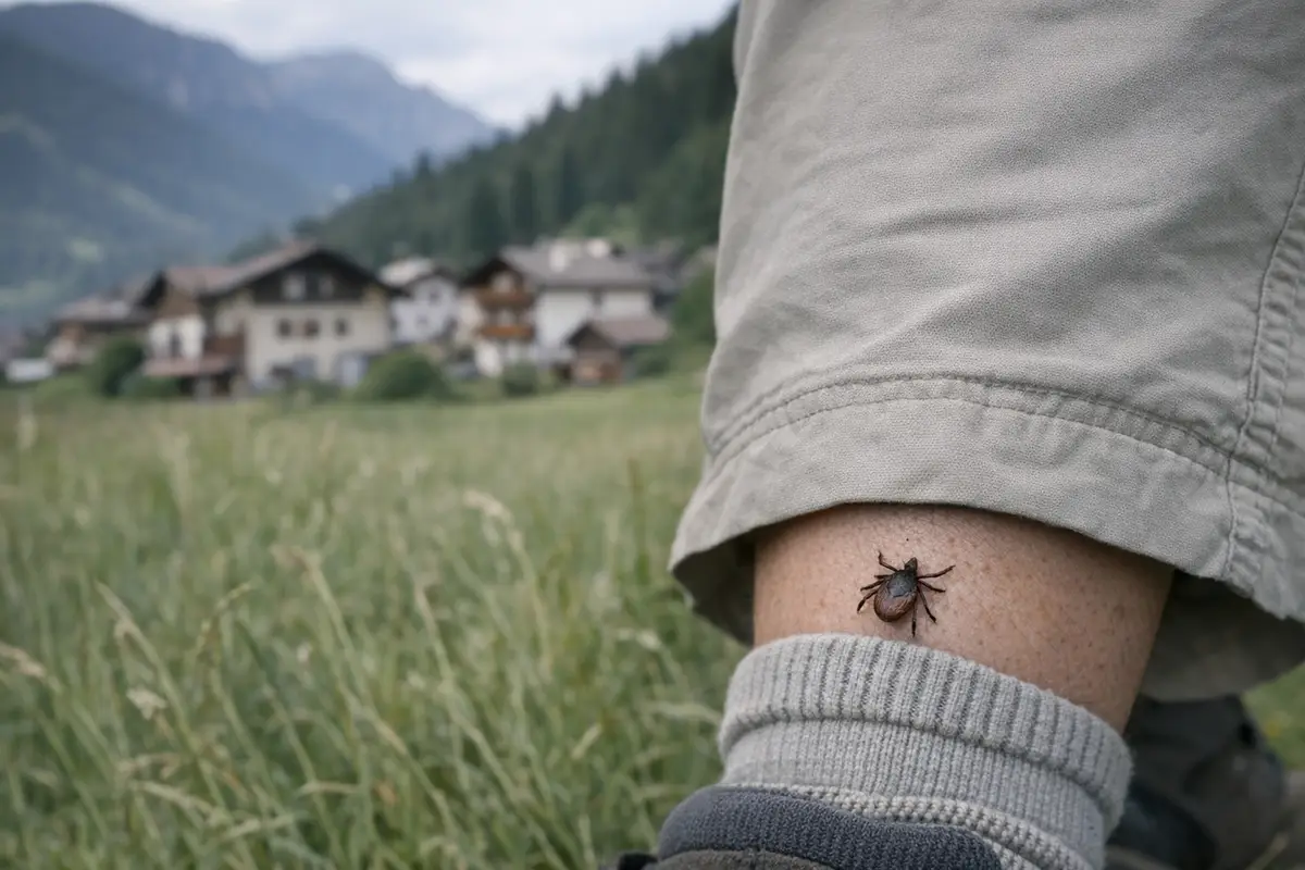 Zecca sulla pelle sopra una calza, con prato e case di montagna sfocate sullo sfondo
