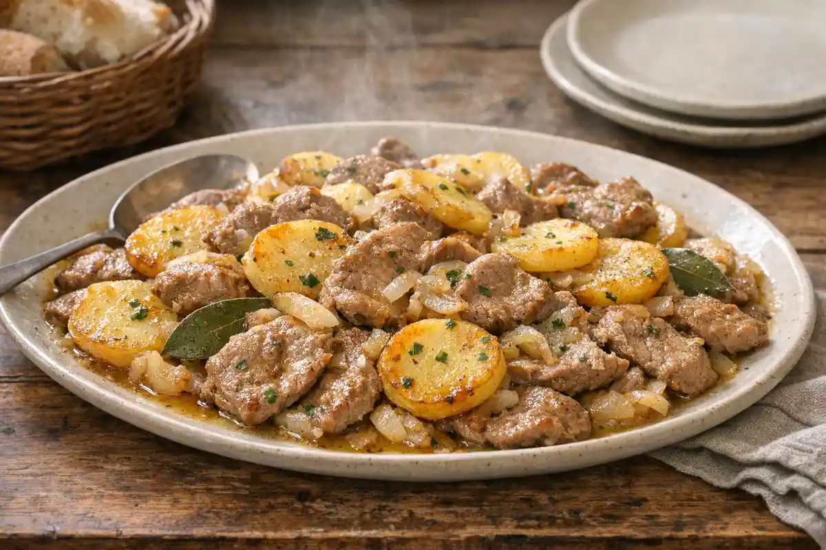 Piatto di rosticciata con fettine di vitello e patate dorate, cipolla, alloro e prezzemolo su tavolo rustico