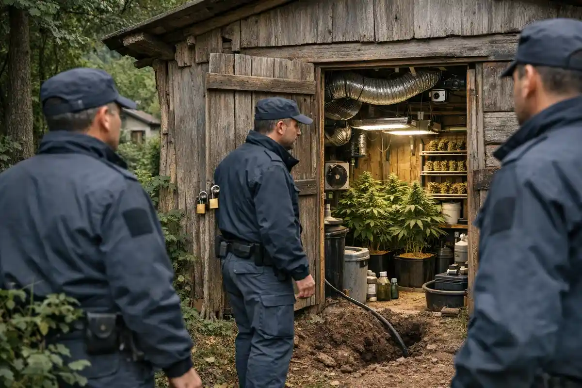 Agenti davanti a un casolare in legno con lucchetti, dove si vede una coltivazione indoor di cannabis