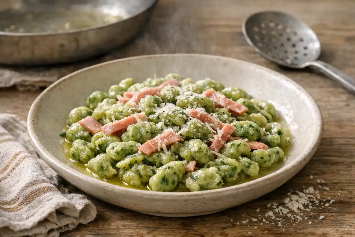 Ciotola di spinachspätzle verdi con burro fuso, striscioline di prosciutto cotto e parmigiano grattugiato