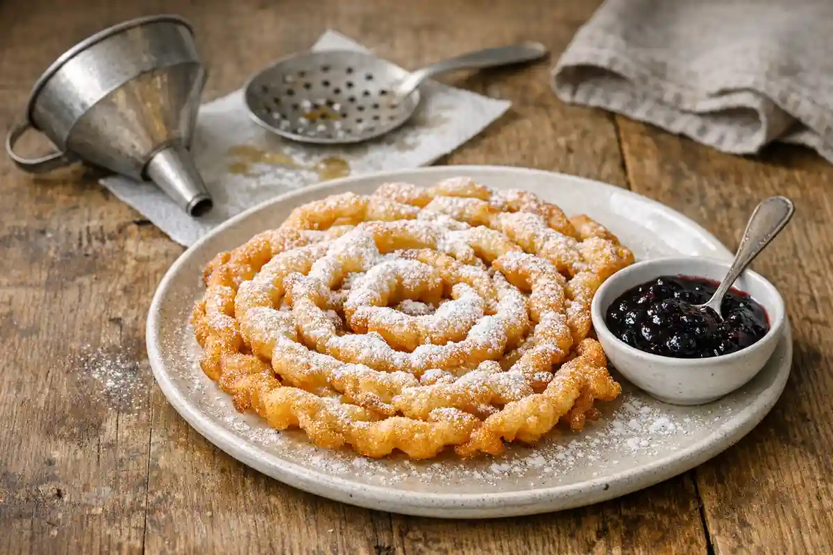 Strauben dorato a spirale con zucchero a velo e ciotolina di marmellata ai frutti di bosco su tavolo di legno