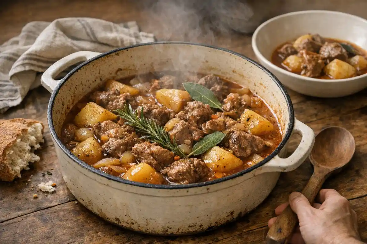 Casseruola rustica con stufato d’agnello fumante, patate e erbe aromatiche su tavolo di legno