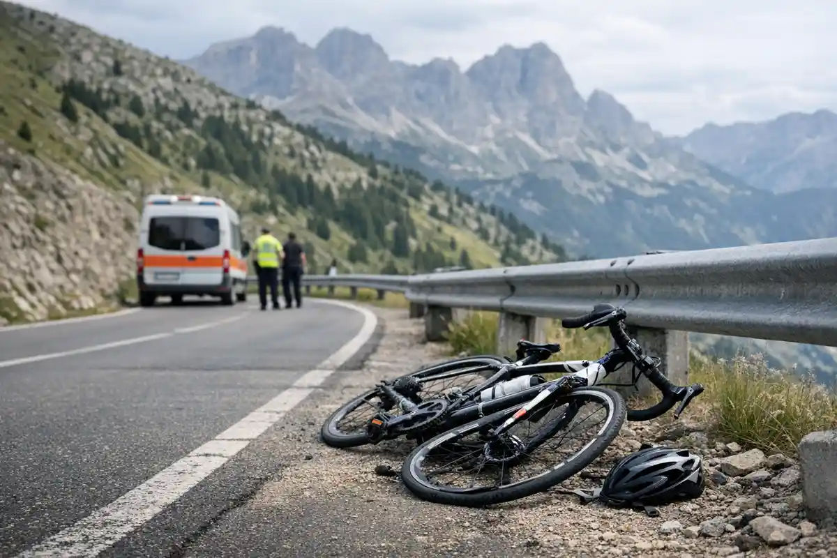 Bici da corsa danneggiata a terra vicino al guardrail su strada di montagna, ambulanza e soccorritori sullo sfondo