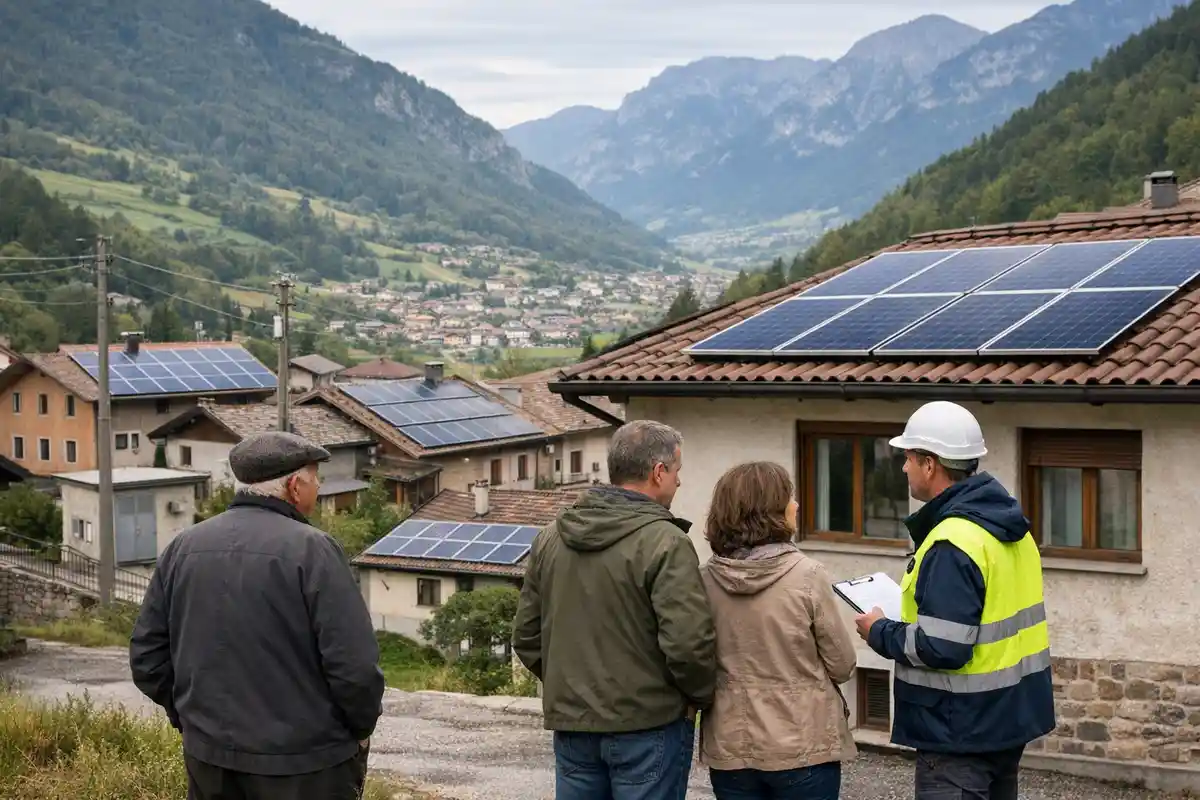 Residenti e tecnico comunale osservano case con pannelli solari in un paese alpino in valle