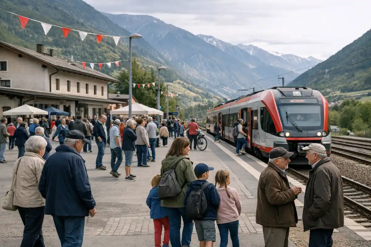 Persone sulla banchina con bandierine e un treno regionale in arrivo, con montagne sullo sfondo