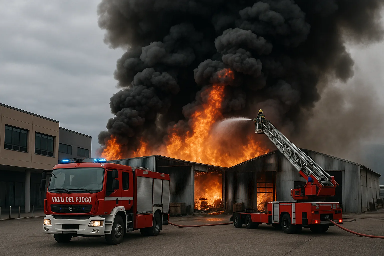 Incendio nel deposito di Monclassico: fiamme vicino al centro commerciale, intervento vigili del fuoco